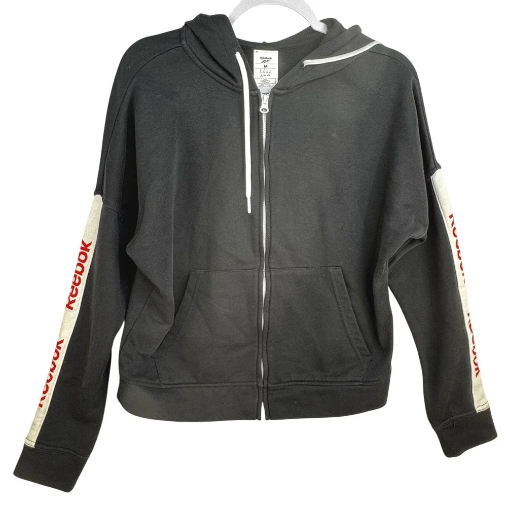 Reebok Womens Full Zip Hoodie Black Logo Side Stripe Drop Shoulder Medium M - Picture 1 of 7